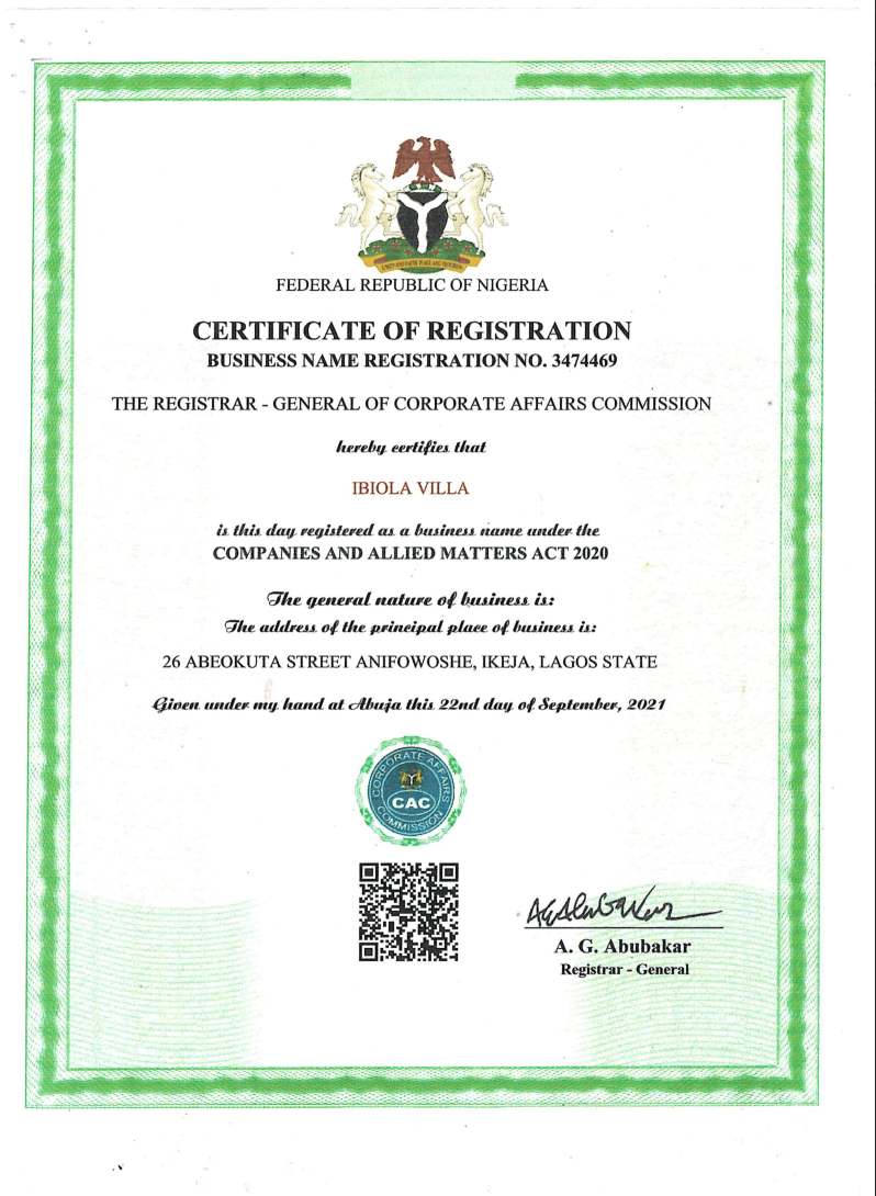 IbiolaVilla Certificate of Registration